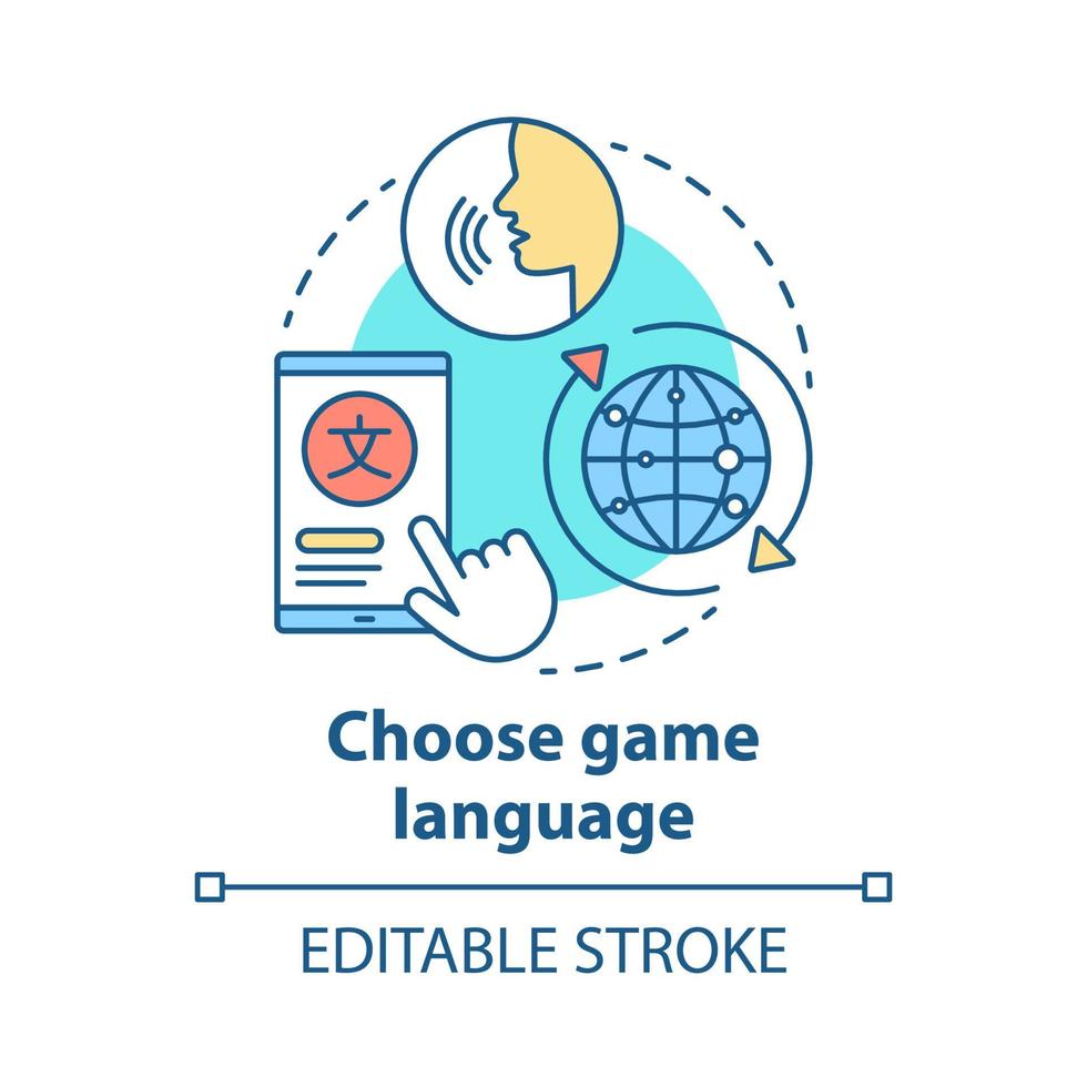 Choose game language concept icon. Select quest translation idea thin line illustration. Multilingual communication. Different linguistic features. Vector isolated outline drawing. Editable stroke