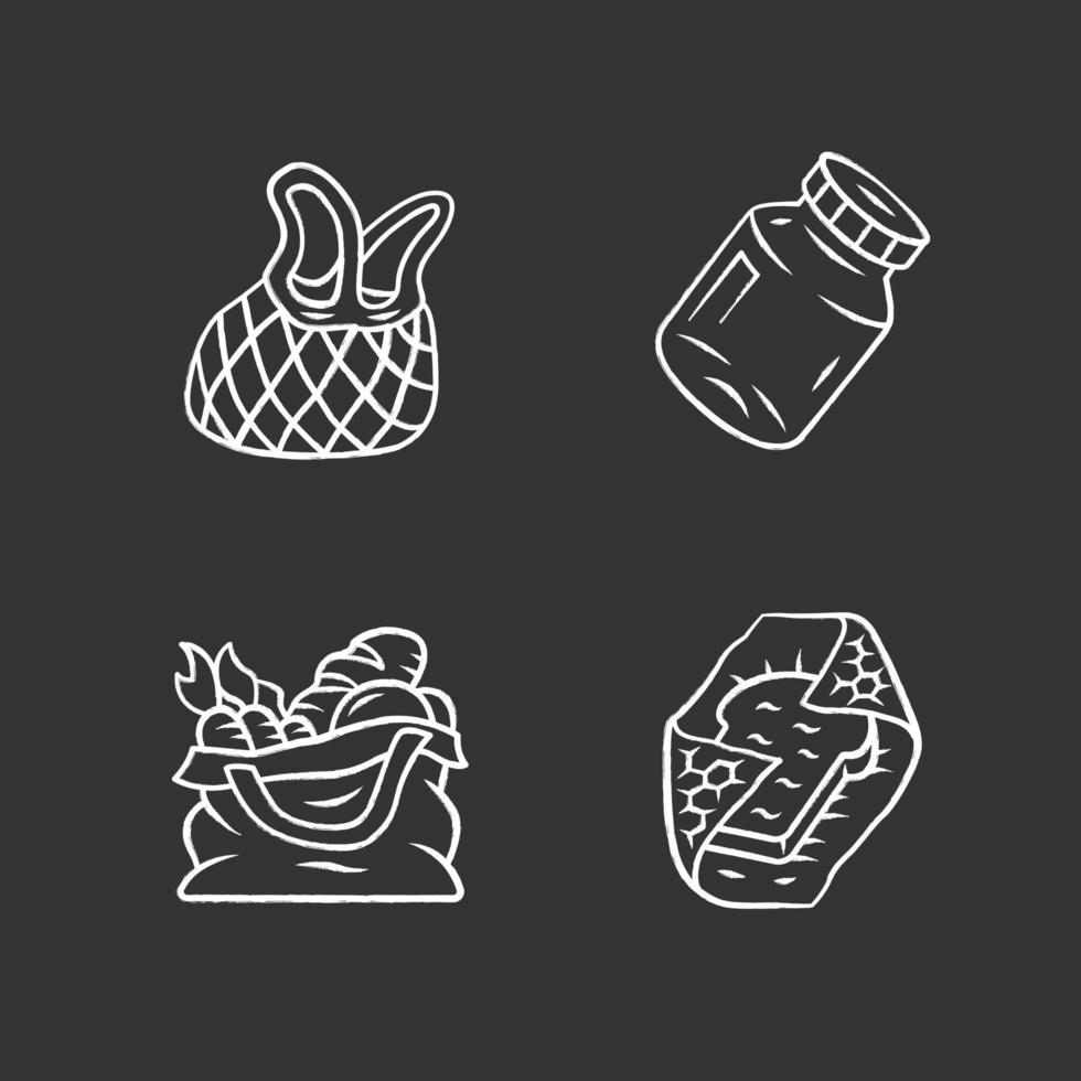 Zero waste kitchen accessories chalk icons set. Textile produce bag, mesh tote. Recyclable beeswax food wrap. Refillable spices container, mason jar. Isolated vector chalkboard illustrations