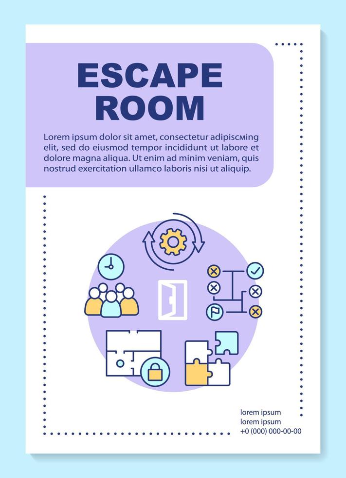 Escape room poster template layout. Quest banner, booklet, leaflet print design with linear icons. Strategy real life game vector brochure page layout for magazines, advertising flyers