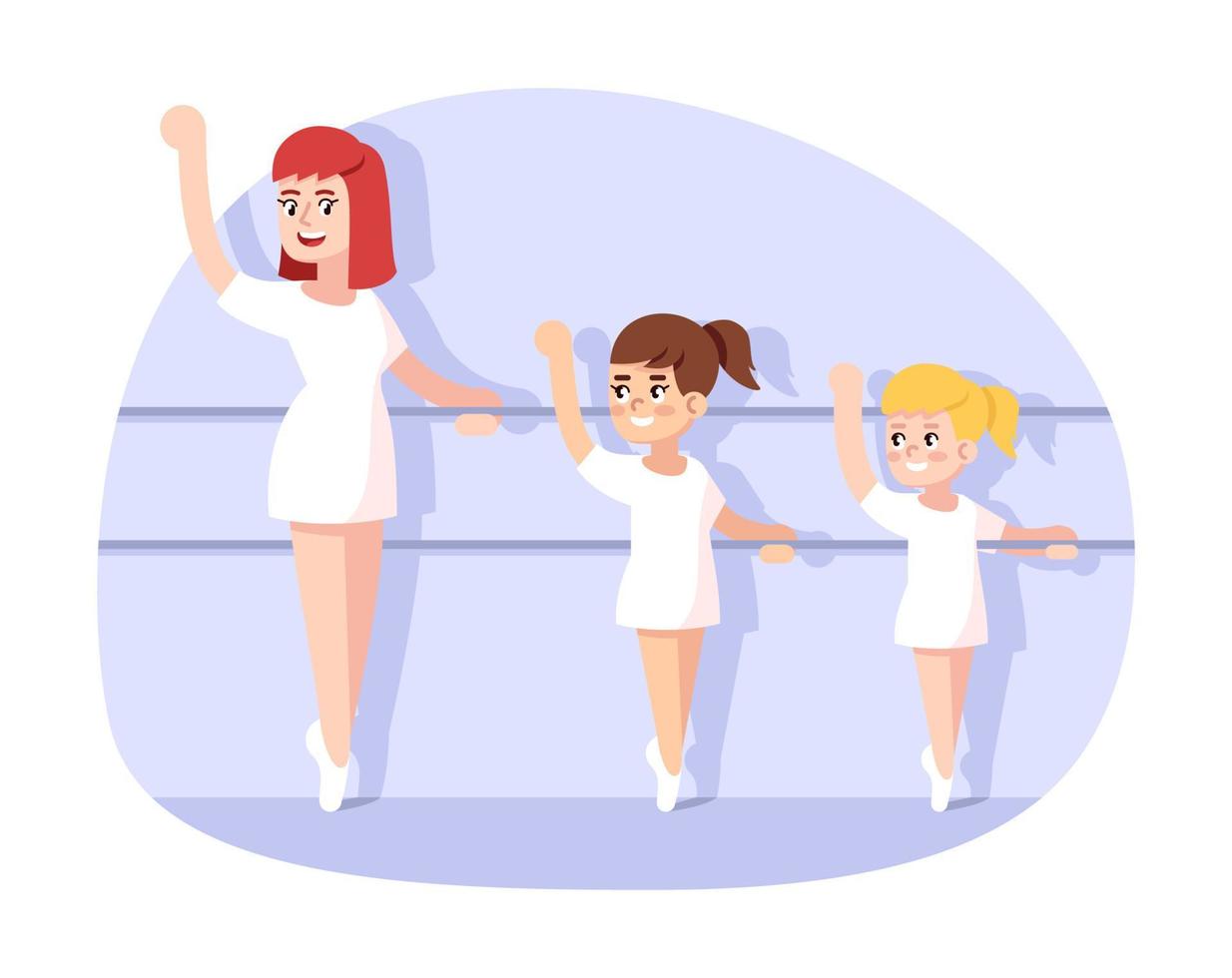 Dance classes for children flat vector illustration. Choreography for kids. Young ballerinas. Extracurricular activities. Little girls learning classical ballet with teacher cartoon characters