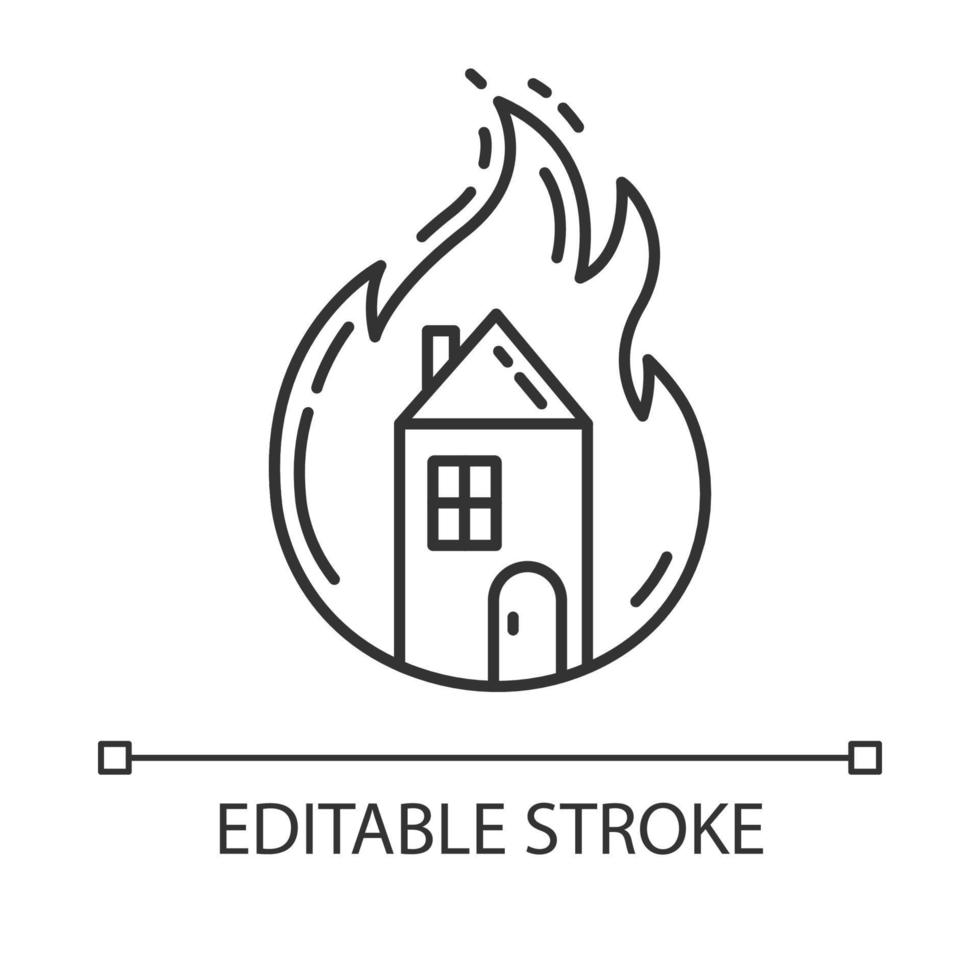 House on fire linear icon. Burning building. Arson of property. Home combustion. Insurance case. Thin line illustration. Contour symbol. Vector isolated outline drawing. Editable stroke