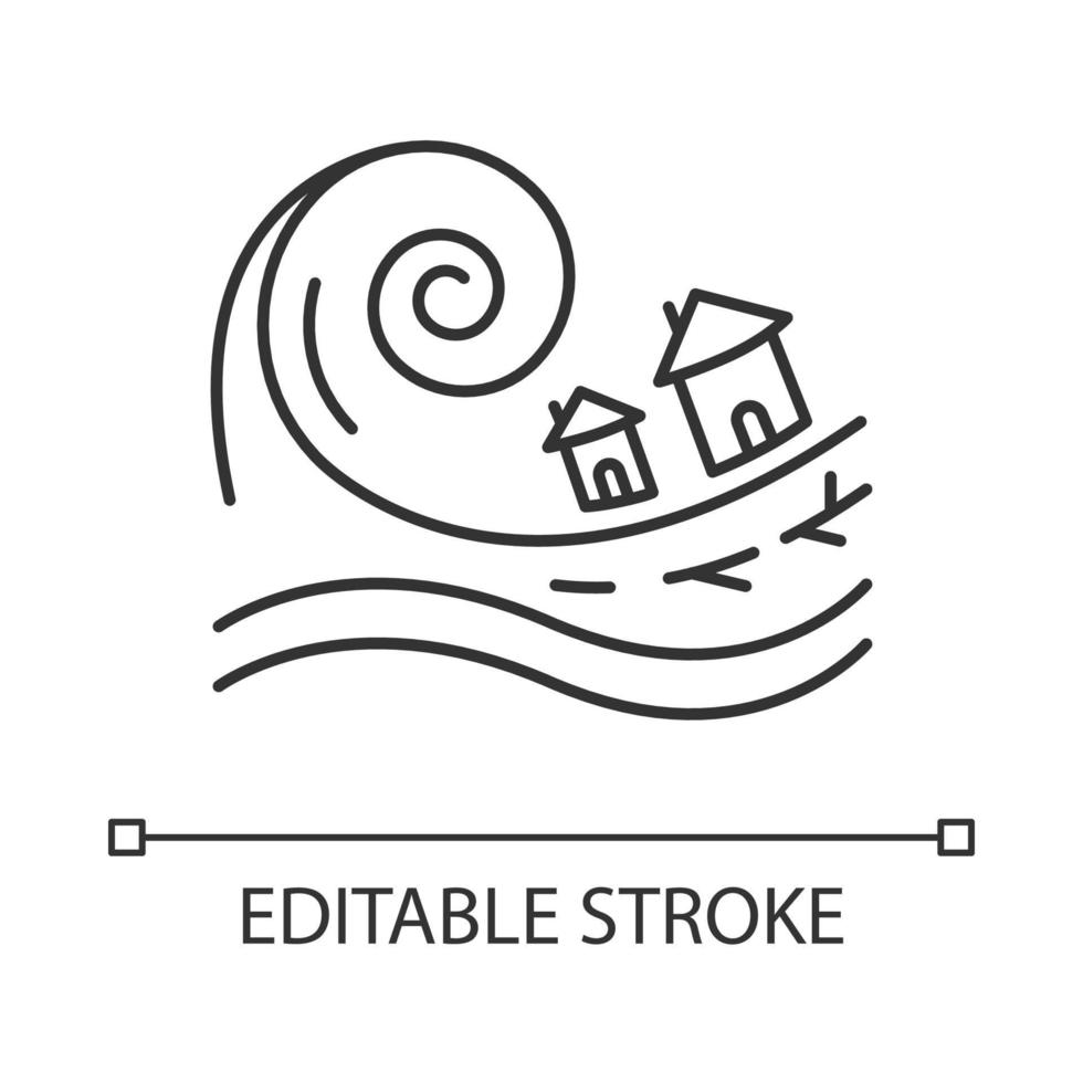 Tsunami linear icon. Groundswell. Ocean storm washing settlement. Sea wave destruct houses. Hurricane damage. Thin line illustration. Contour symbol. Vector isolated outline drawing. Editable stroke