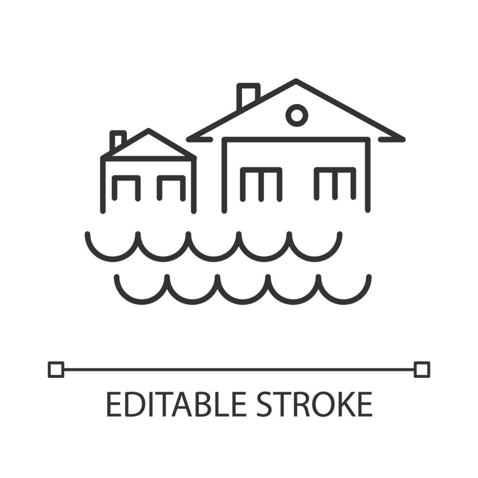 Flood linear icon. Sinking settlement. Submerged houses. Flooding locality. Overflow of water. Thin line illustration. Contour symbol. Vector isolated outline drawing. Editable stroke