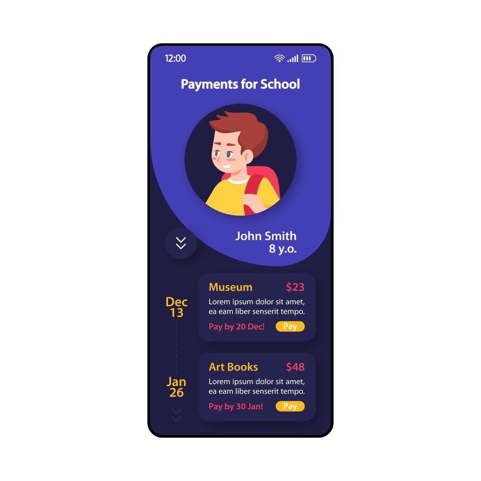 pagos por plantilla de vector de interfaz de teléfono inteligente escolar. página de la aplicación móvil, diseño de diseño azul oscuro y morado. pantalla de banca móvil. interfaz de usuario plana para la aplicación. pago en línea. escuela privada. pantalla del teléfono