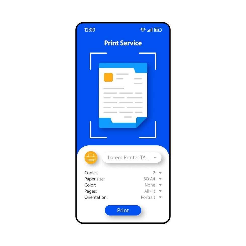 Print service smartphone interface vector template. Mobile app page blue, white design layout. Remote printer management screen. Flat UI for application. Document printing. Typography. Phone display