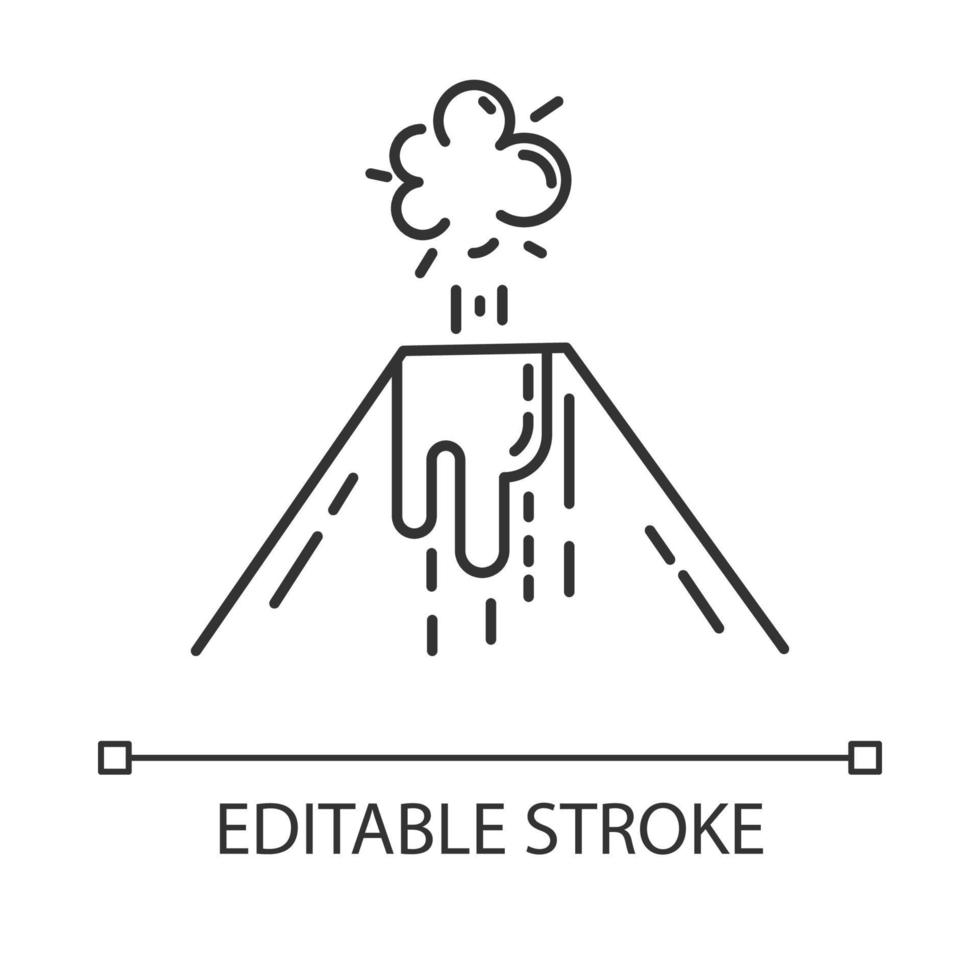 Volcanic eruption linear icon. Smoke, ash and lava emission from volcano. Seismic hazard. Geological disaster. Thin line illustration. Contour symbol. Vector isolated outline drawing. Editable stroke
