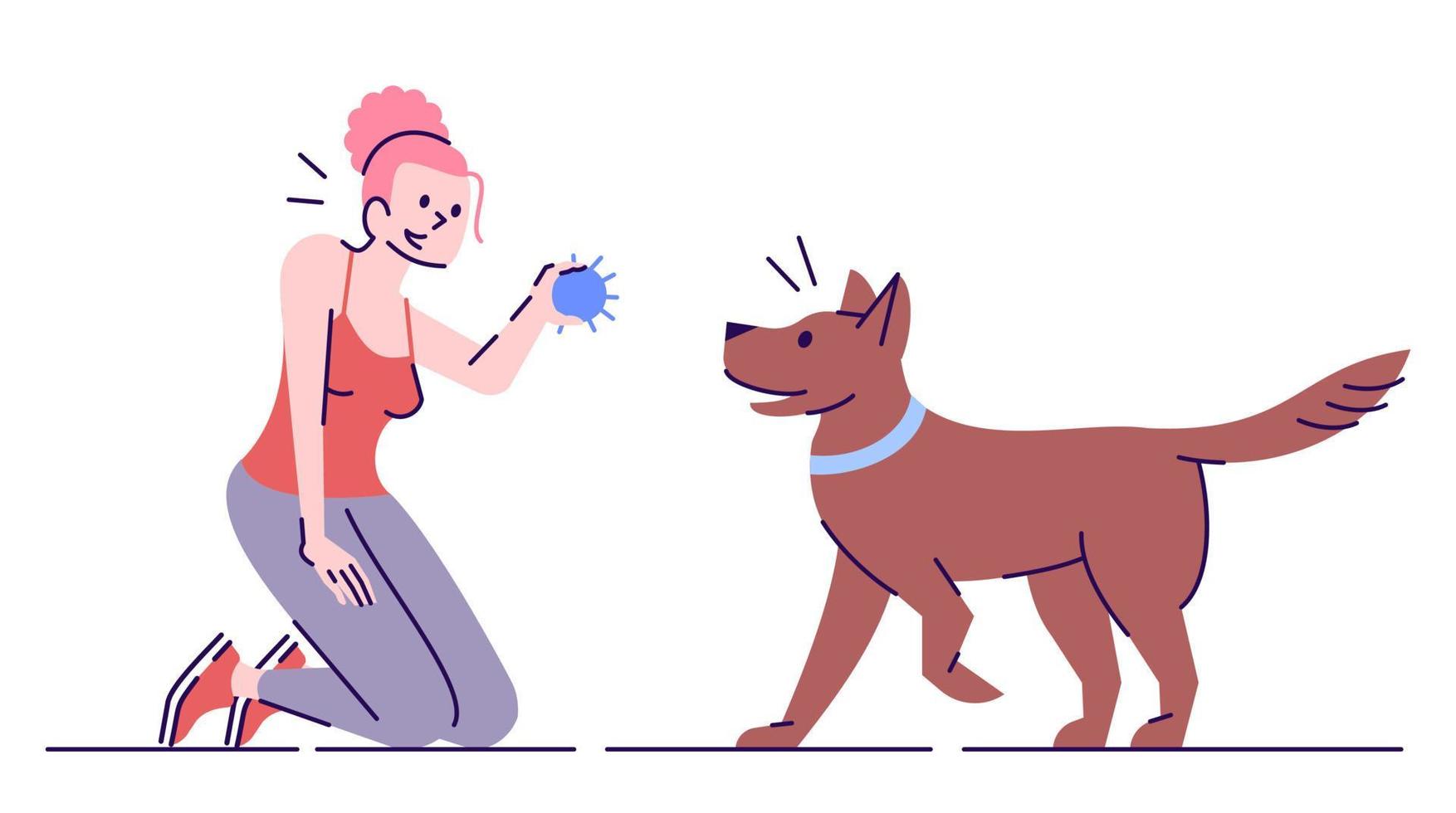 Young woman playing with dog flat vector illustration. Active leisure. Smiling caucasian girl and faithful playful pet isolated cartoon character with outline elements on white background