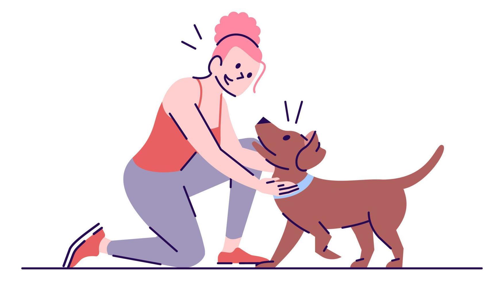 niña caucásica feliz y cachorro alegre ilustración vectorial plana. jugar con animales. joven mujer sonriente y perro juguetón personaje de dibujos animados aislado con elementos de contorno sobre fondo blanco vector