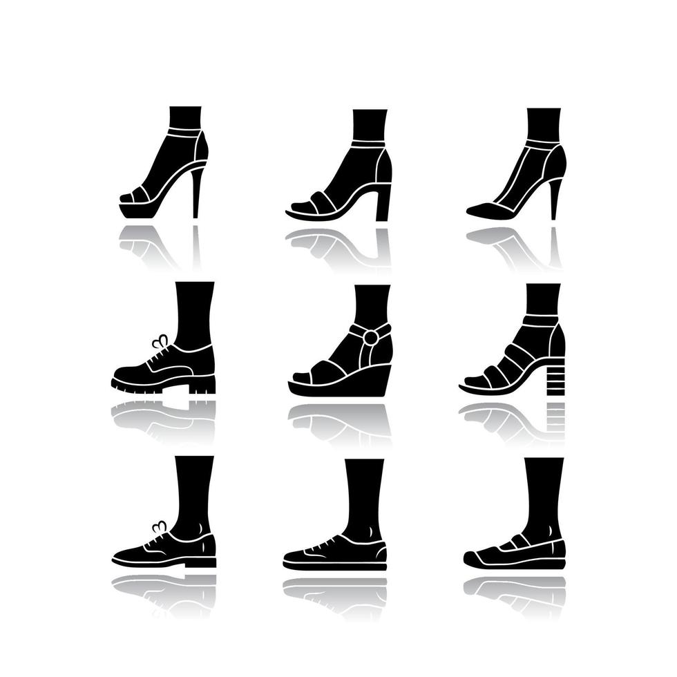 Women modern shoes drop shadow black glyph icons set. Female summer and autumn elegant footwear. Stiletto high heels, loafers. Winter and fall season boots. Isolated vector illustrations