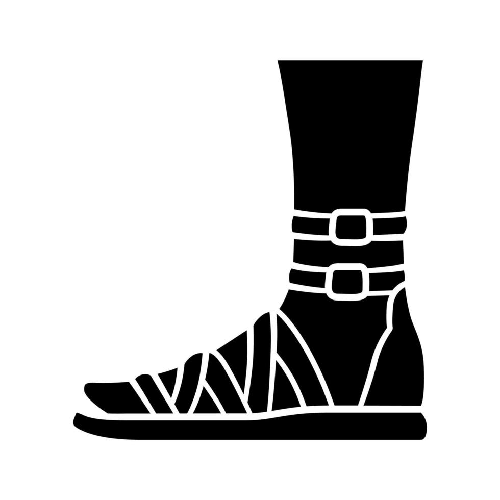 icono de glifo de sandalias de gladiador. diseño de calzado con estilo de mujer. zapatos casuales femeninos, modernos pisos de verano con vista lateral de la correa del tobillo. símbolo de la silueta. espacio negativo. ilustración vectorial aislada vector