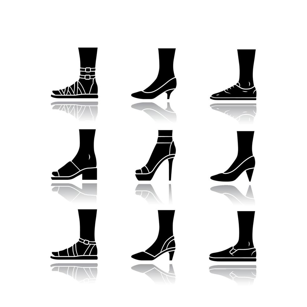 Women and men shoes drop shadow black glyph icons set. Female summer and autumn elegant footwear. Sandals, pumps and trainers. Fashionable high heels. Isolated vector illustrations