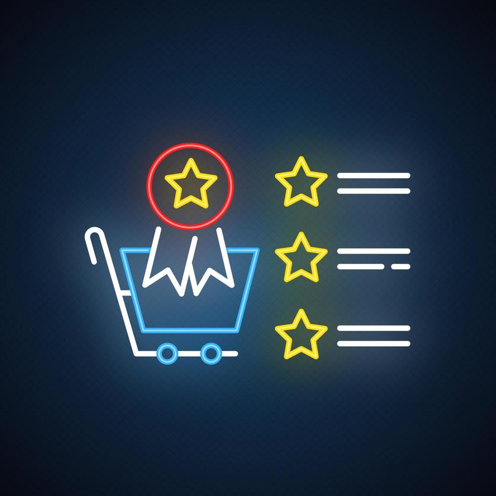 icono de luz de neón de la lista de mejores vendedores. revisión de la tienda de calificación de estrellas. mejor servicio. estrategia de aumento de ventas. clasificación de la tienda en línea. signo brillante con alfabeto, números y símbolos. ilustración vectorial aislada vector