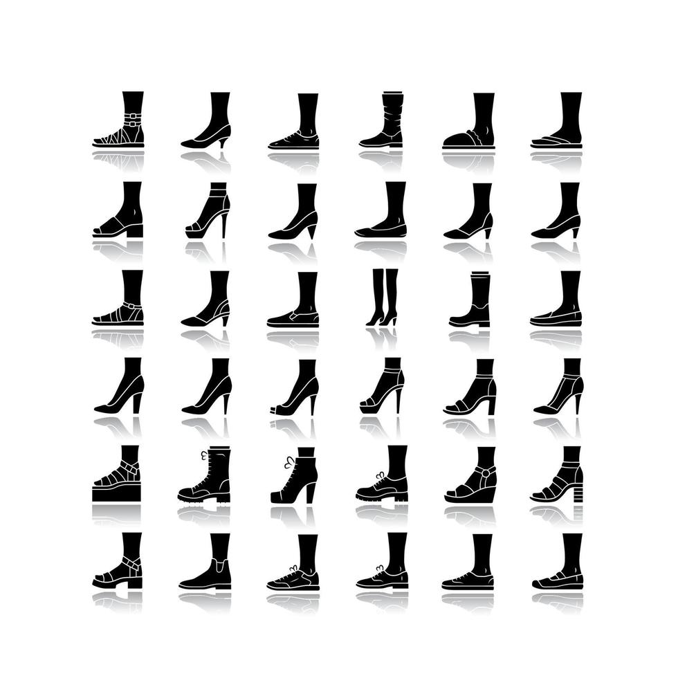 Women shoes drop shadow black glyph icons set. Female fashion, summer and autumn trendy footwear. Stiletto high heels, sandals, pumps. Winter and fall boots. Isolated vector illustrations