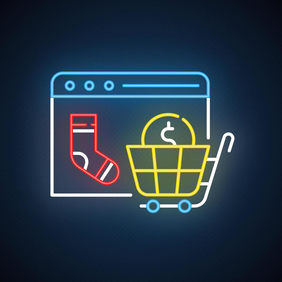 icono de luz de neón del sitio web de la tienda en línea. negocio de comercio por Internet. vendedor de comercio electrónico. pago por computadora. compra digital. signo brillante con alfabeto, números y símbolos. ilustración vectorial aislada vector