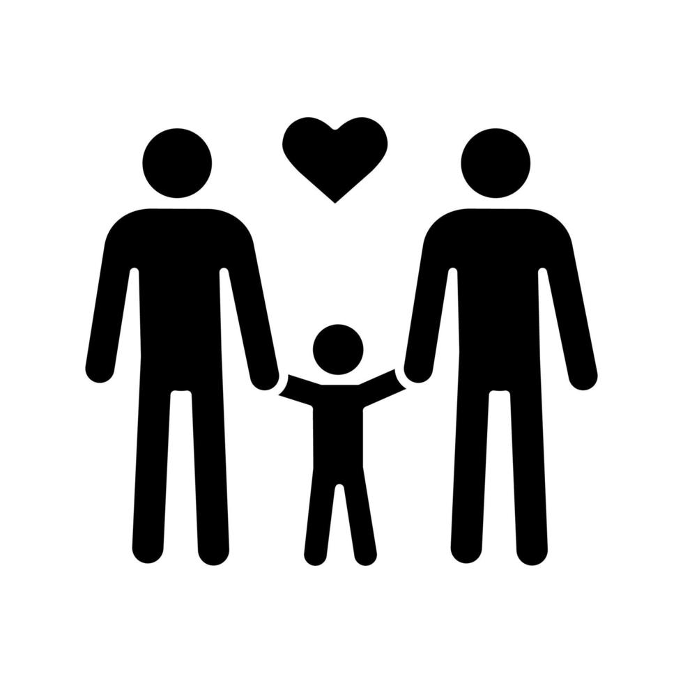 Gay family glyph icon. Silhouette symbol. Two dads with child. Same sex parenting. LGBT parents. Two men with kid. Gay adoption. Negative space. Vector isolated illustration