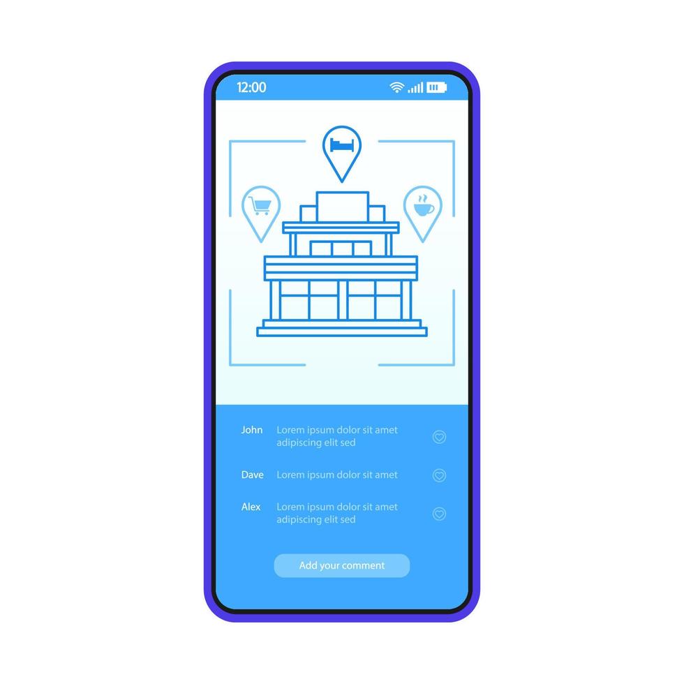 Review monitor smartphone app interface vector template. Mobile travel application page blue design layout. Hotel booking screen. Accommodation searching. Flat UI. Phone display