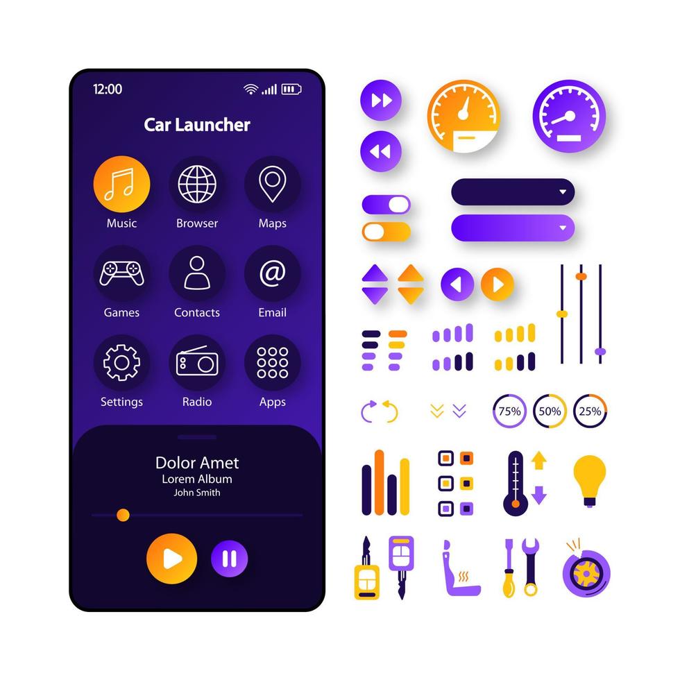 plantilla de vector de interfaz de teléfono inteligente de lanzador de coche. diseño de diseño morado y negro de la página de la aplicación móvil. pantalla de coche inteligente. interfaz de usuario plana para la aplicación. velocidad, control de temperatura y música. pantalla del teléfono