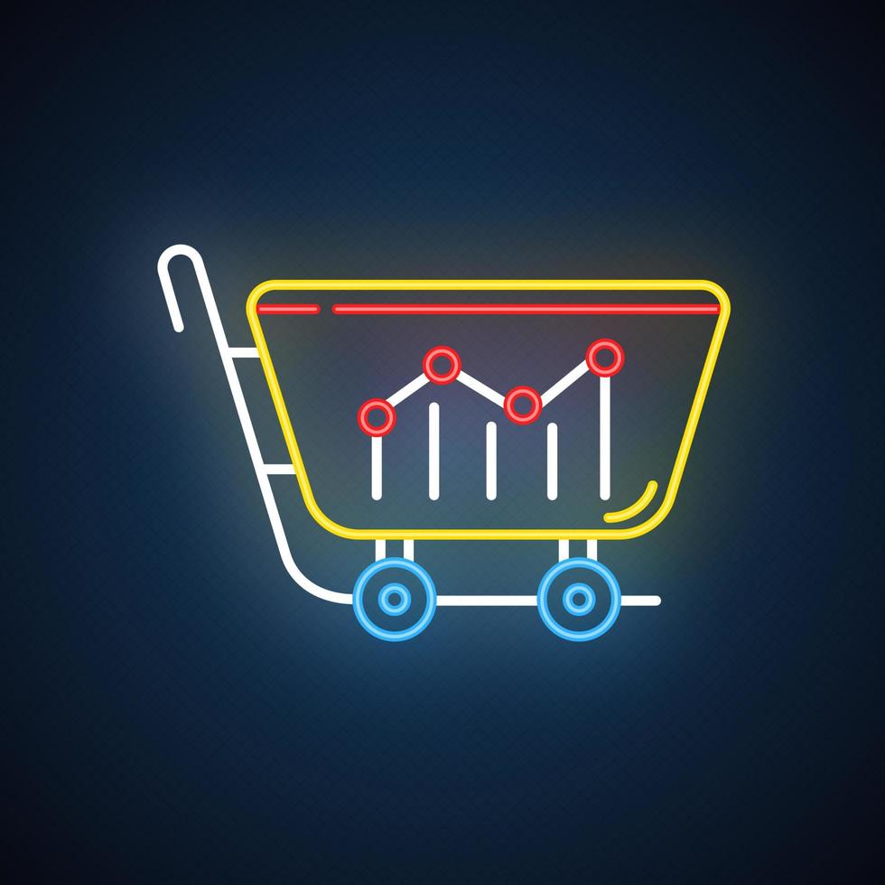 vender icono de luz de neón de análisis. investigación de mercado. actividad de compra. análisis de negocios fluctuaciones en los precios. gráfico comercial. signo brillante con alfabeto, números y símbolos. ilustración vectorial aislada vector