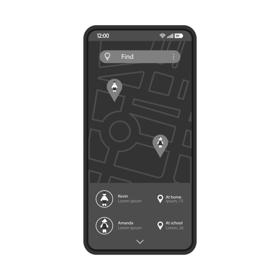 Child tracking smartphone app interface vector template. Mobile parental control application page black design layout. Kids monitoring software. Children GPS tracker screen. Flat UI. Phone display