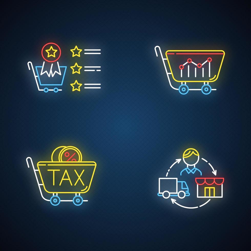 Trading neon light icons set. Marketing research. Best seller list, sell analytics, sales tax ID, dropshipping. Business organization. Product promotion. Glowing signs. Vector isolated illustrations