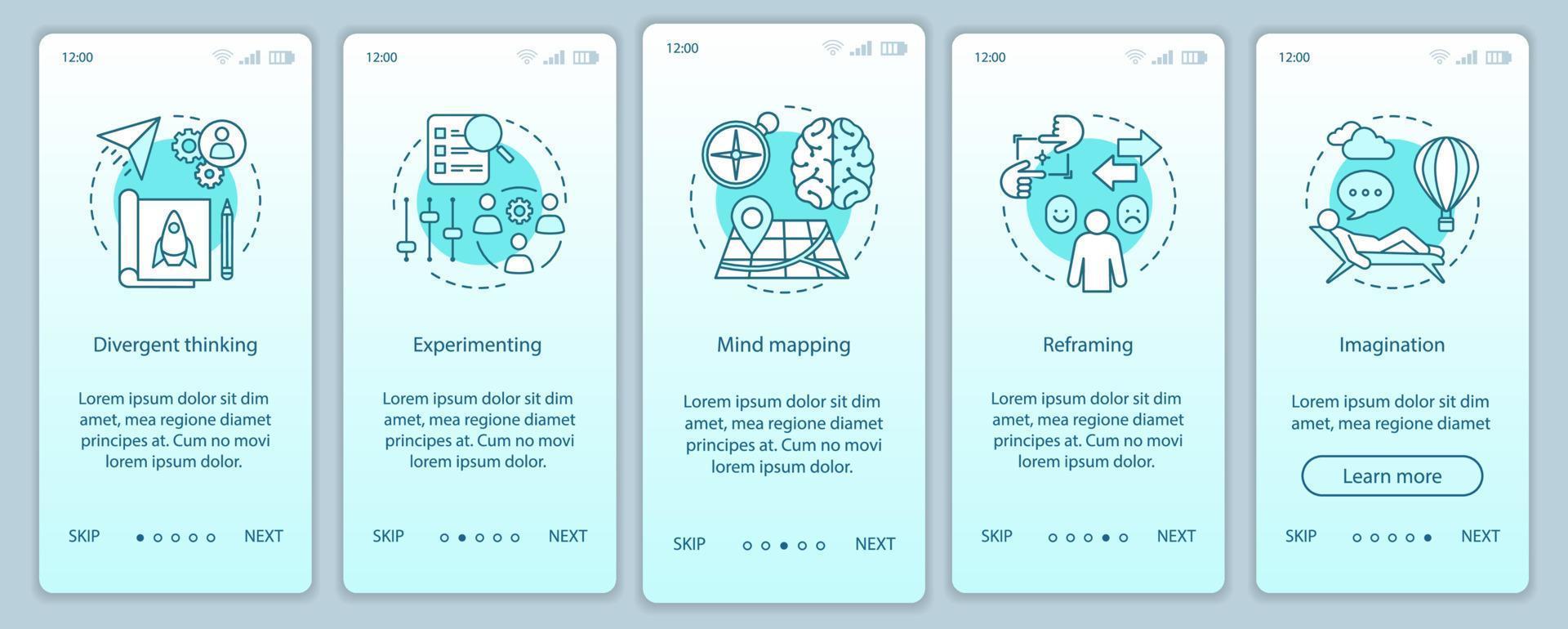Professional qualities onboarding mobile app page screen vector template. HR soft skills. Imagination, experimenting, reframing. Walkthrough website steps. UX, UI, GUI smartphone interface concept