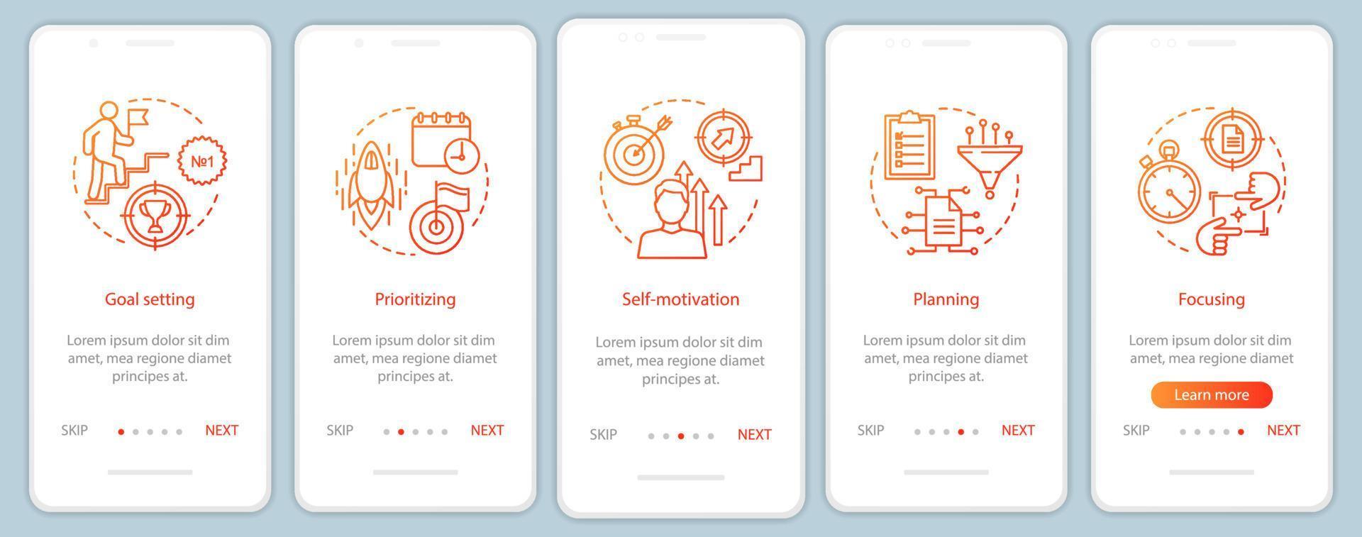 HR baseline skills onboarding mobile app page screen vector template. Professional employee qualities walkthrough website steps. Goal setting, prioritising. UX, UI, GUI smartphone interface concept