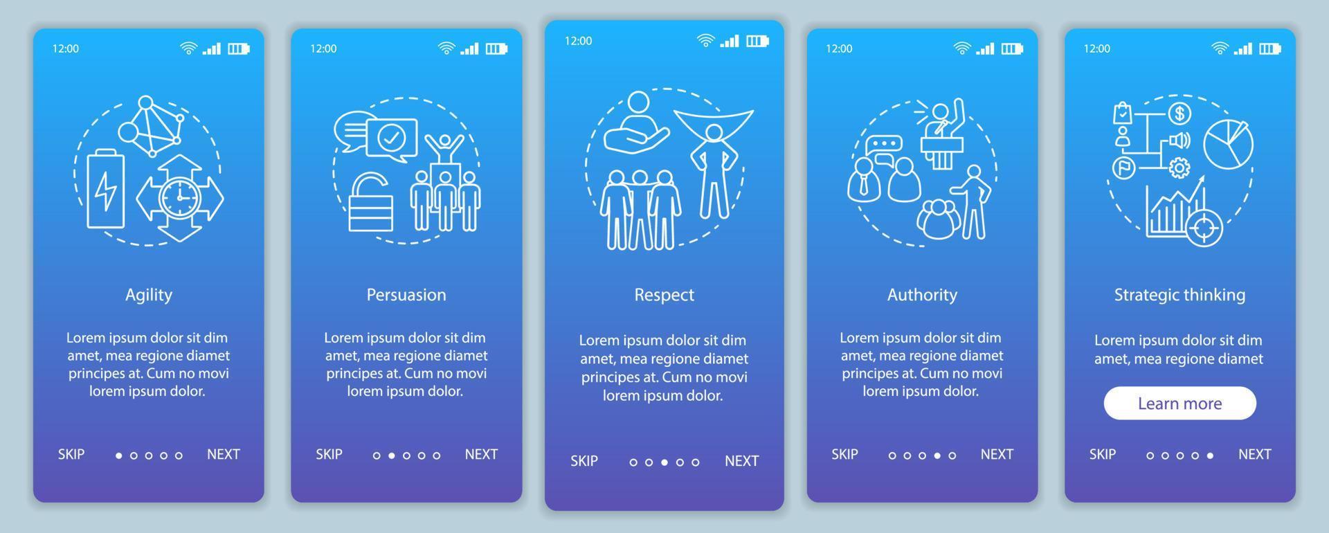 Leadership skills onboarding mobile app screen vector template. Employee soft qualities, abilities. Respect, authority, persuasion walkthrough website steps. UX, UI, GUI smartphone interface concept