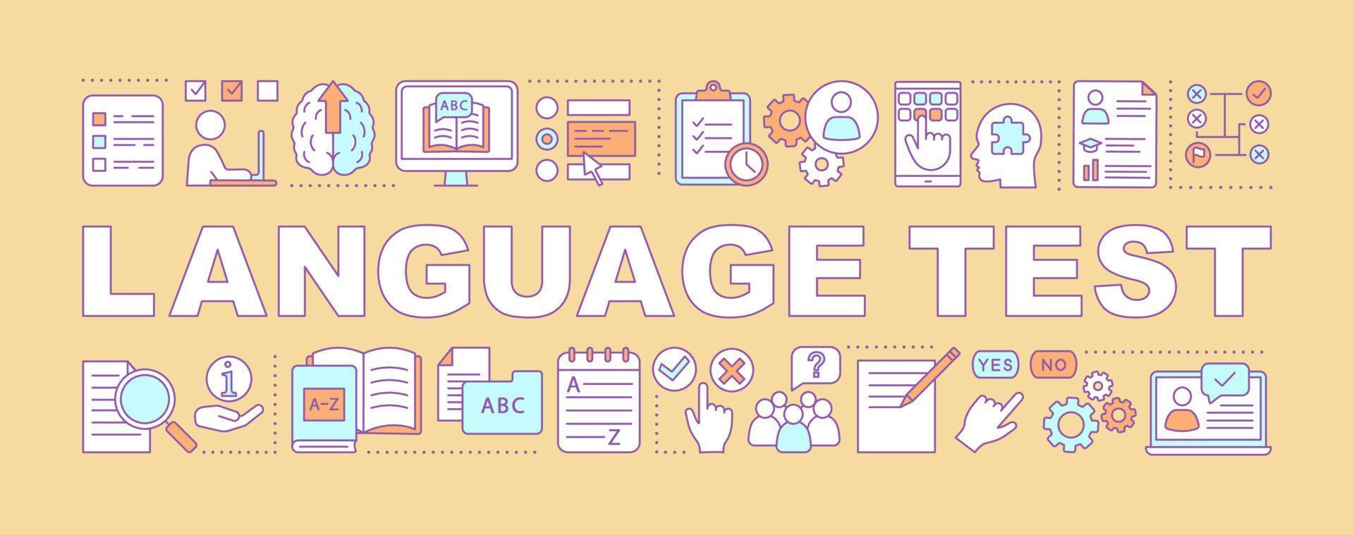 Foreign language exam word concepts banner. Presentation. Language proficiency test. Isolated lettering typography idea with linear icons. Online learning courses. Vector outline illustration