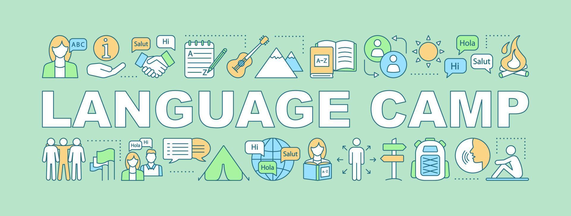 International language camp word concepts banner. Presentation. Travel and learn foreign language. Tourism. Isolated lettering typography idea with linear icons. Vector outline illustration