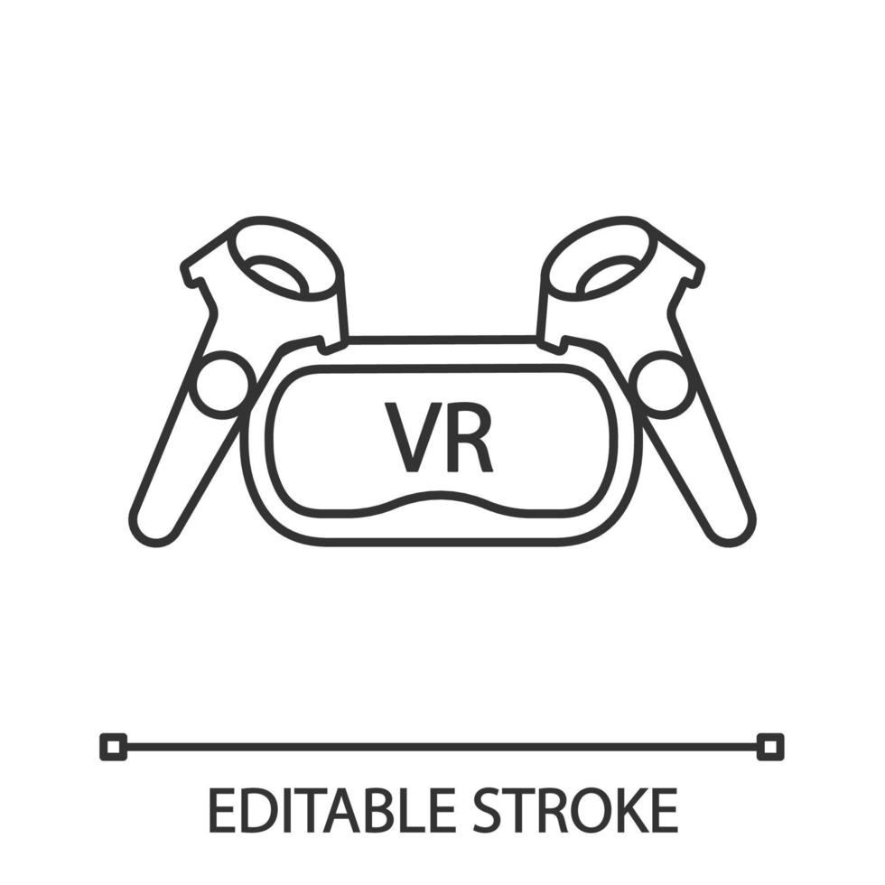 VR set linear icon. Virtual reality headset and controllers. Thin line illustration. VR glasses with remote control, gamepad. Contour symbol. Vector isolated outline drawing. Editable stroke