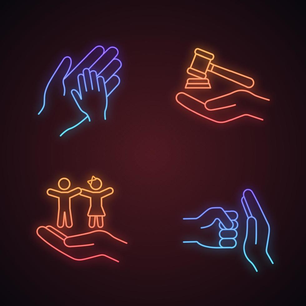 Child custody neon light icons set. Adoption. Childcare. Family law, orphan, children's rights, domestic violence. Glowing signs. Vector isolated illustrations