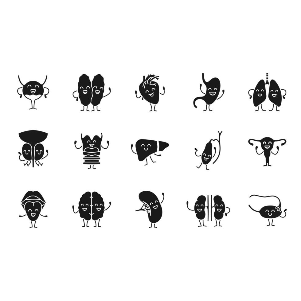 Smiling human internal organs characters glyph icons set. Silhouette symbols. Respiratory, urinary, reproductive, digestive systems health. Vector isolated illustration