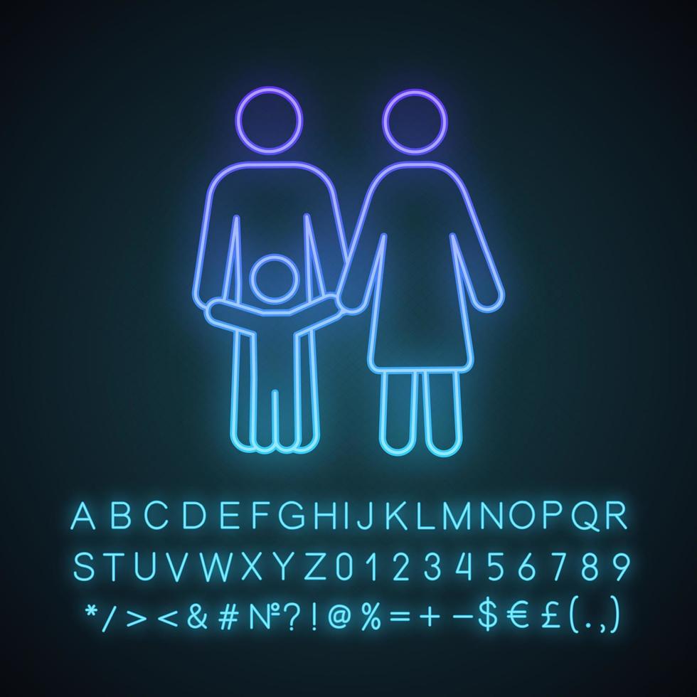 Child support neon light icon. Family. Childcare. Happy parenthood. Glowing sign with alphabet, numbers and symbols. Vector isolated illustration