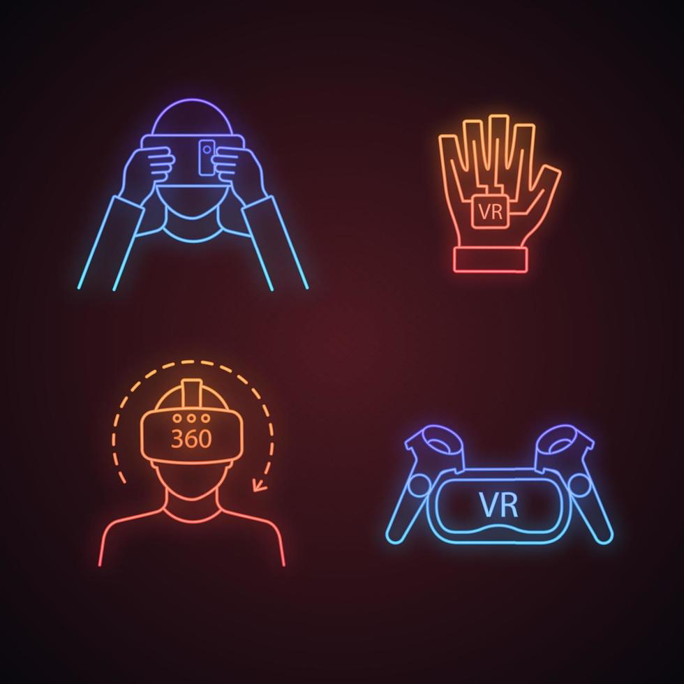 conjunto de iconos de luz de neón de realidad virtual. cartón vr, auriculares y controladores, reproductores, guante háptico, video de 360 grados. signos brillantes. Ilustraciones de vectores aislados