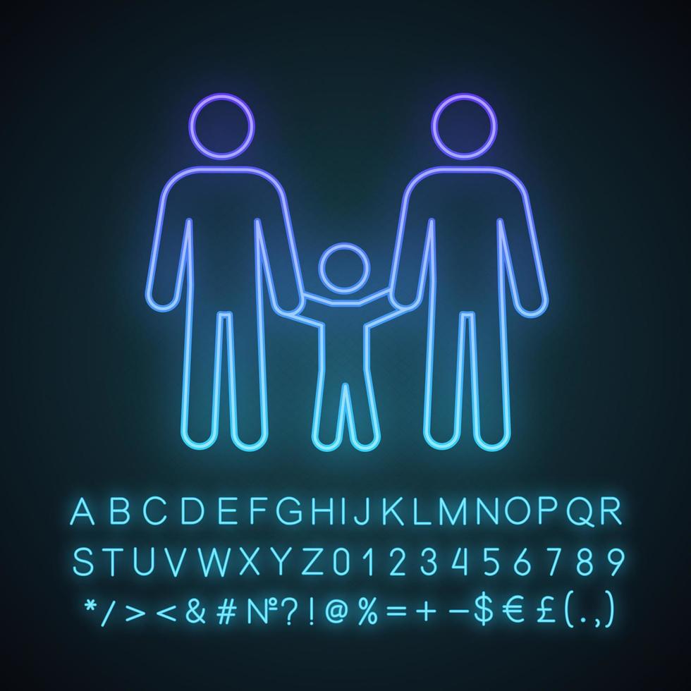 Gay family neon light icon. Two dads with child. Same sex parenting. LGBT parents. Two men with kid. Gay adoption. Glowing sign with alphabet, numbers and symbols. Vector isolated illustration