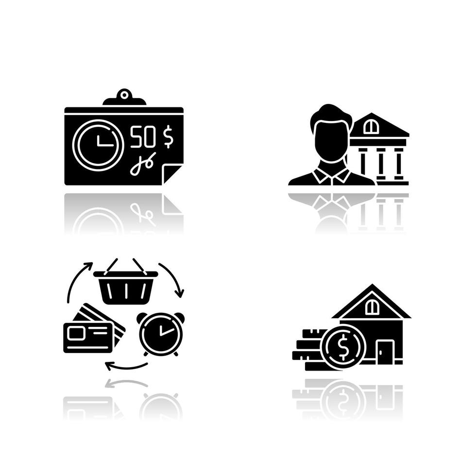 Credit drop shadow black glyph icons set. Home equity loan. Credit bureau. Trading, retail. Revolving credit. Investment report. Cheque, tax, bill with price. Isolated vector illustrations