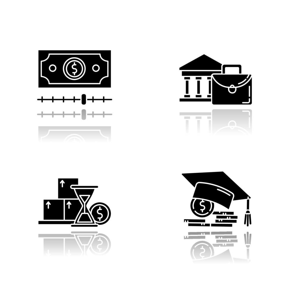 Credit drop shadow black glyph icons set. Student loan. Monthly icome increase report. Credit bureau. Investment, budget chart. Cash advance. Borrow money. Isolated vector illustrations