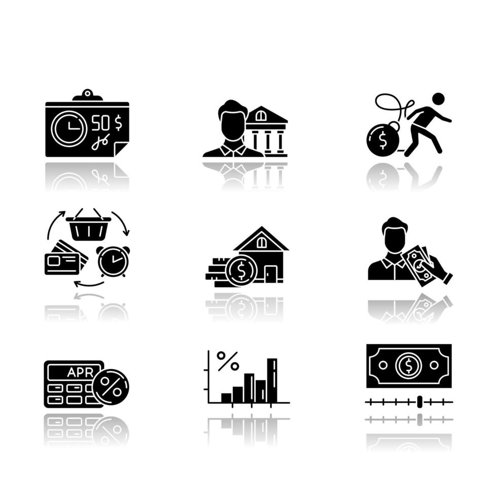 Credit drop shadow black glyph icons set. APR calculator. Financial increasing infographic. Home equity loan. Trading, retail. Revolving credit. Heavy credit card risk. Isolated vector illustrations