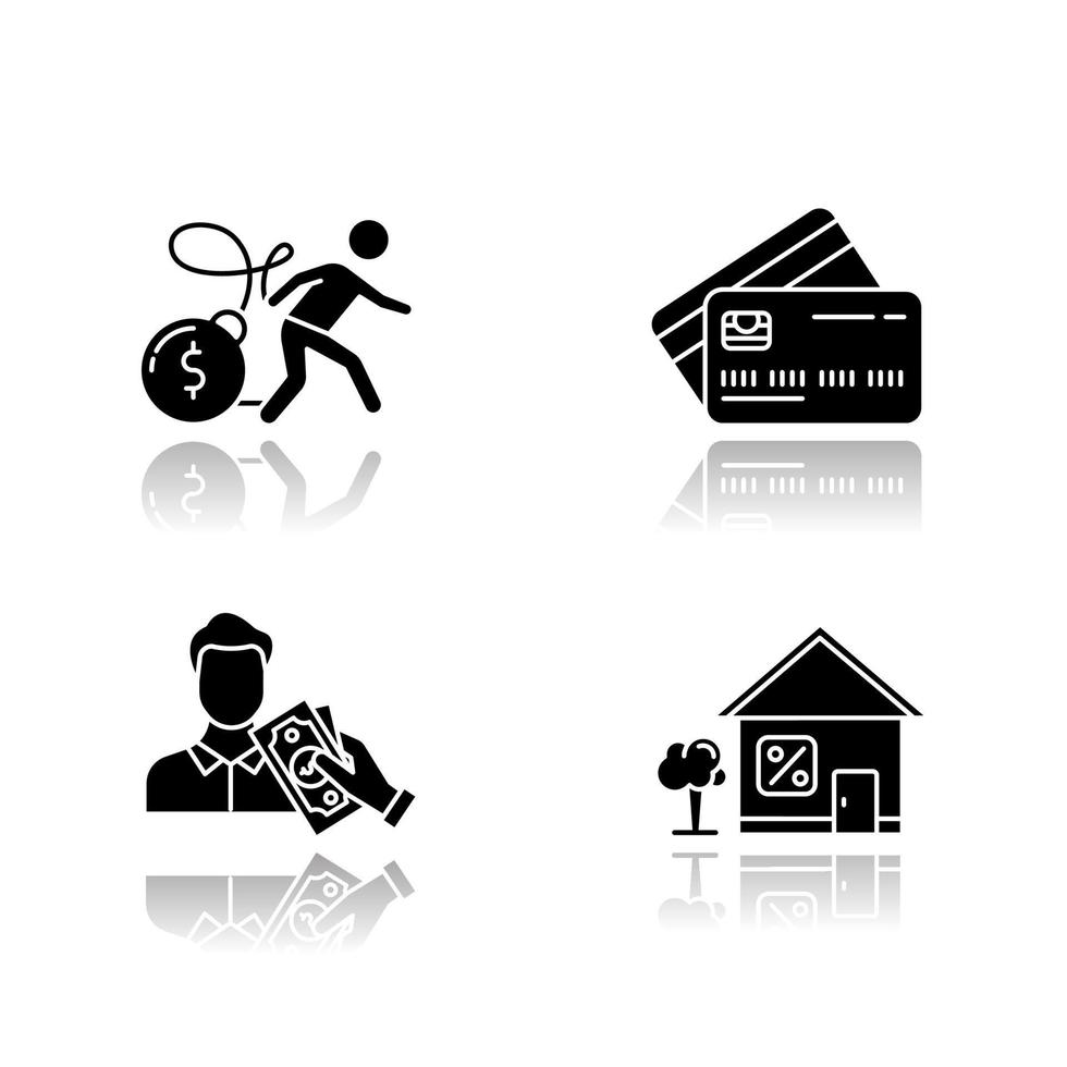 Credit drop shadow black glyph icons set. Bankrupcy danger from loan. Plastic credit card. Borrowing, lending money. Home equity loans. Economy, business, finances. Isolated vector illustrations