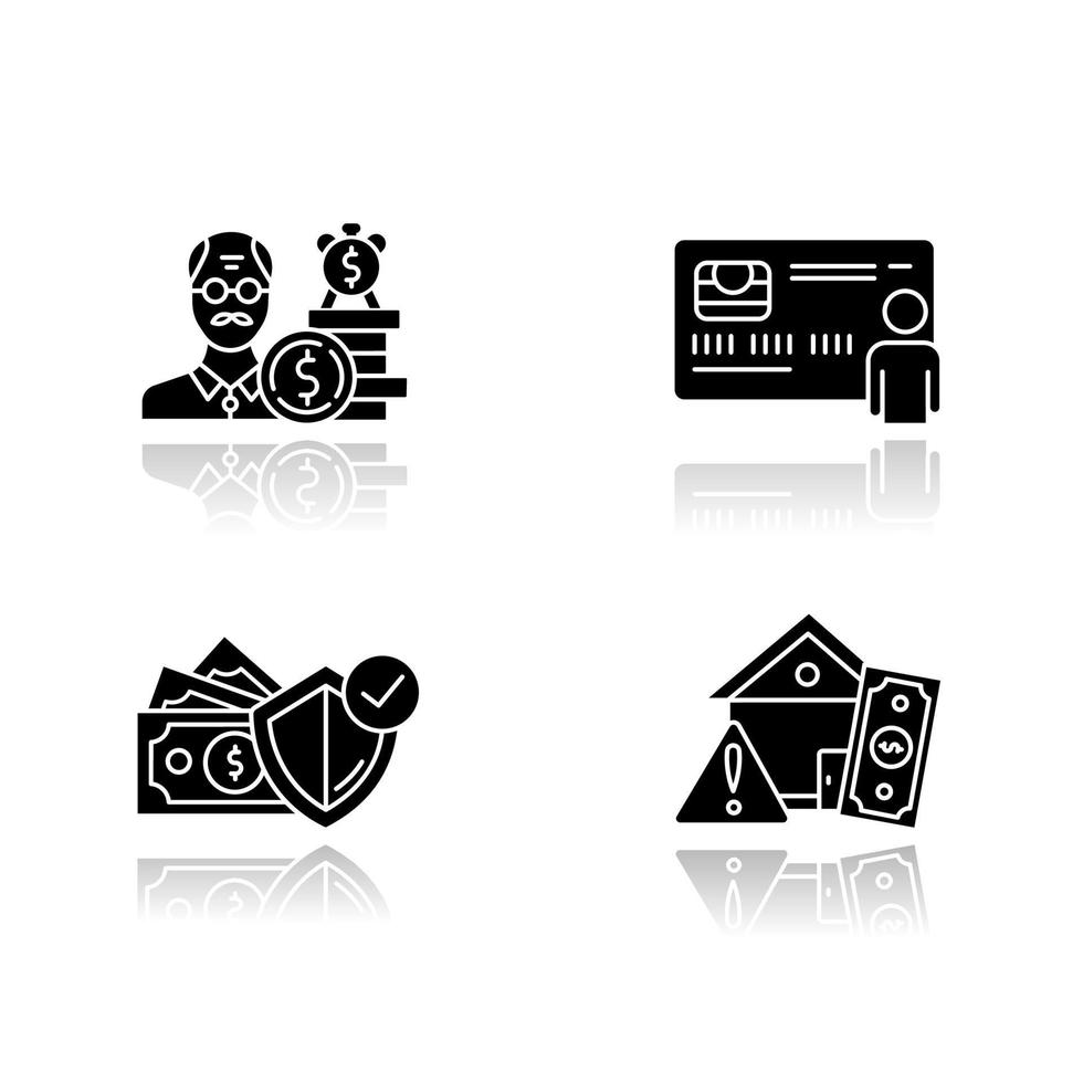 Credit drop shadow black glyph icons set. Borrowing from retirement. Credit insurance. Pension budget. Real estate credit. Home equity loan. Personal credit card. Isolated vector illustrations