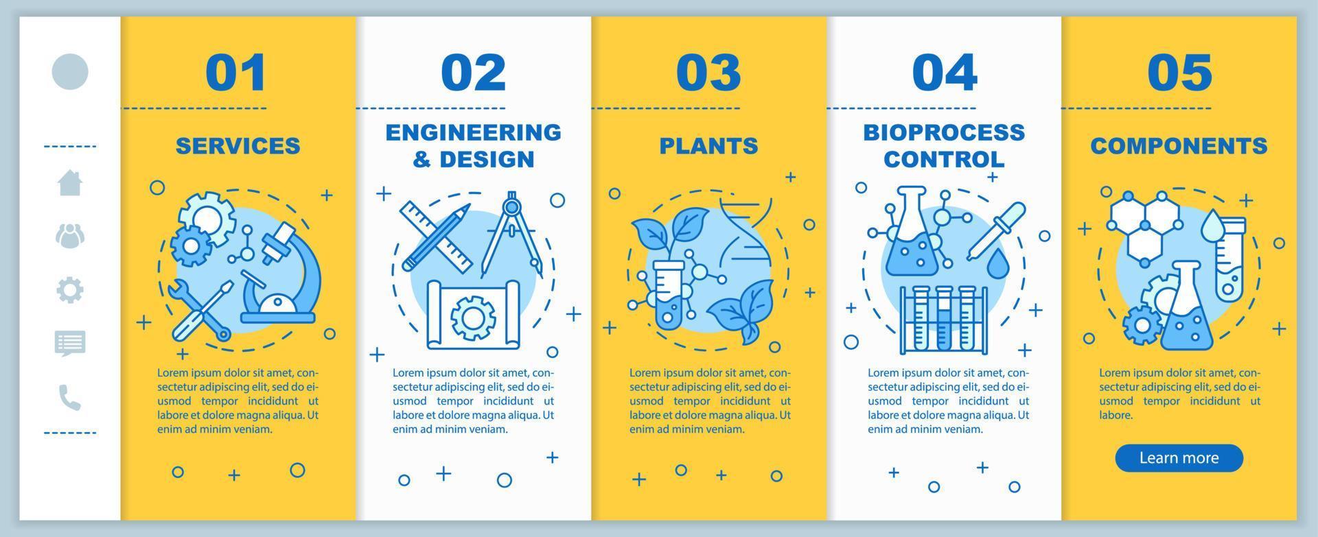 plantilla de vector de páginas web móviles de incorporación de bioingeniería. servicios y plantas. idea de interfaz de sitio web de teléfono inteligente sensible con ilustraciones lineales. pantallas de pasos del tutorial de la página web. concepto de color