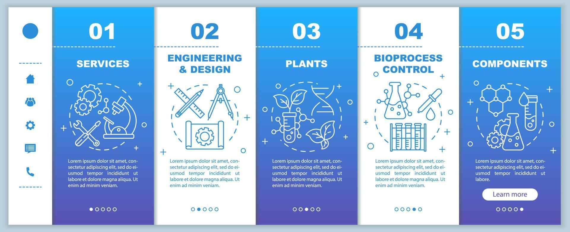 Bioengineering onboarding mobile web pages vector template. Services components. Responsive smartphone website interface idea with linear illustrations. Webpage walkthrough step screens. Color concept