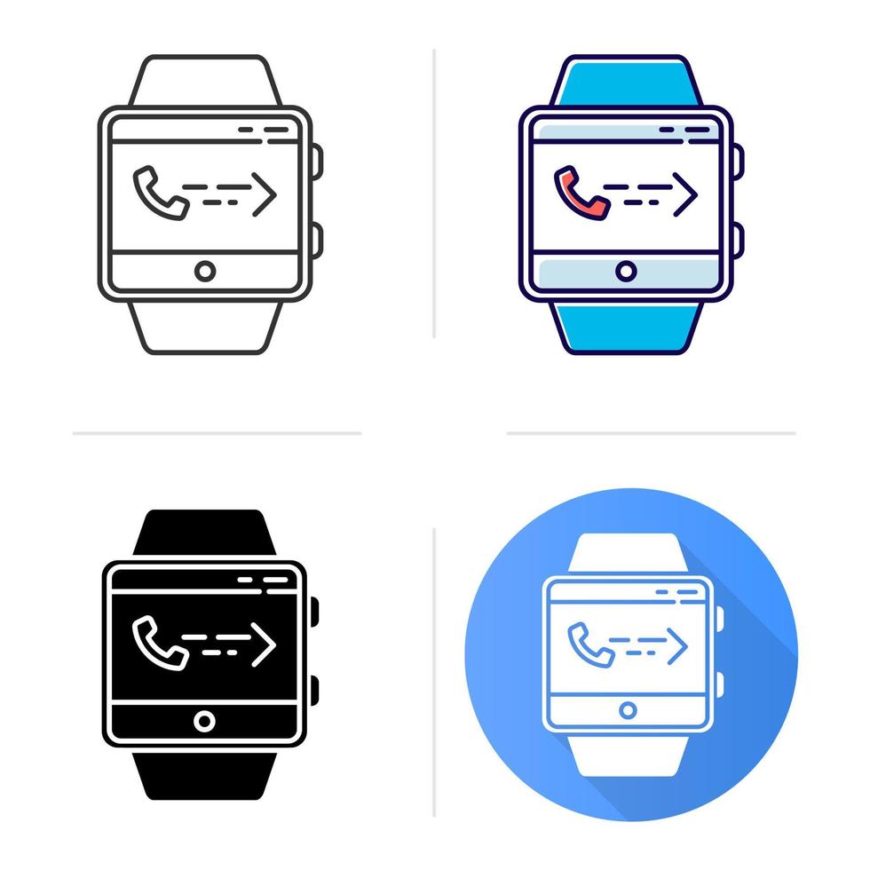 responder llamadas icono de función de reloj inteligente. capacidad de pulsera de fitness. recibir llamadas de ingresos. sincronización con el teléfono móvil. Diseño plano, estilos lineales y de color. ilustraciones de vectores aislados