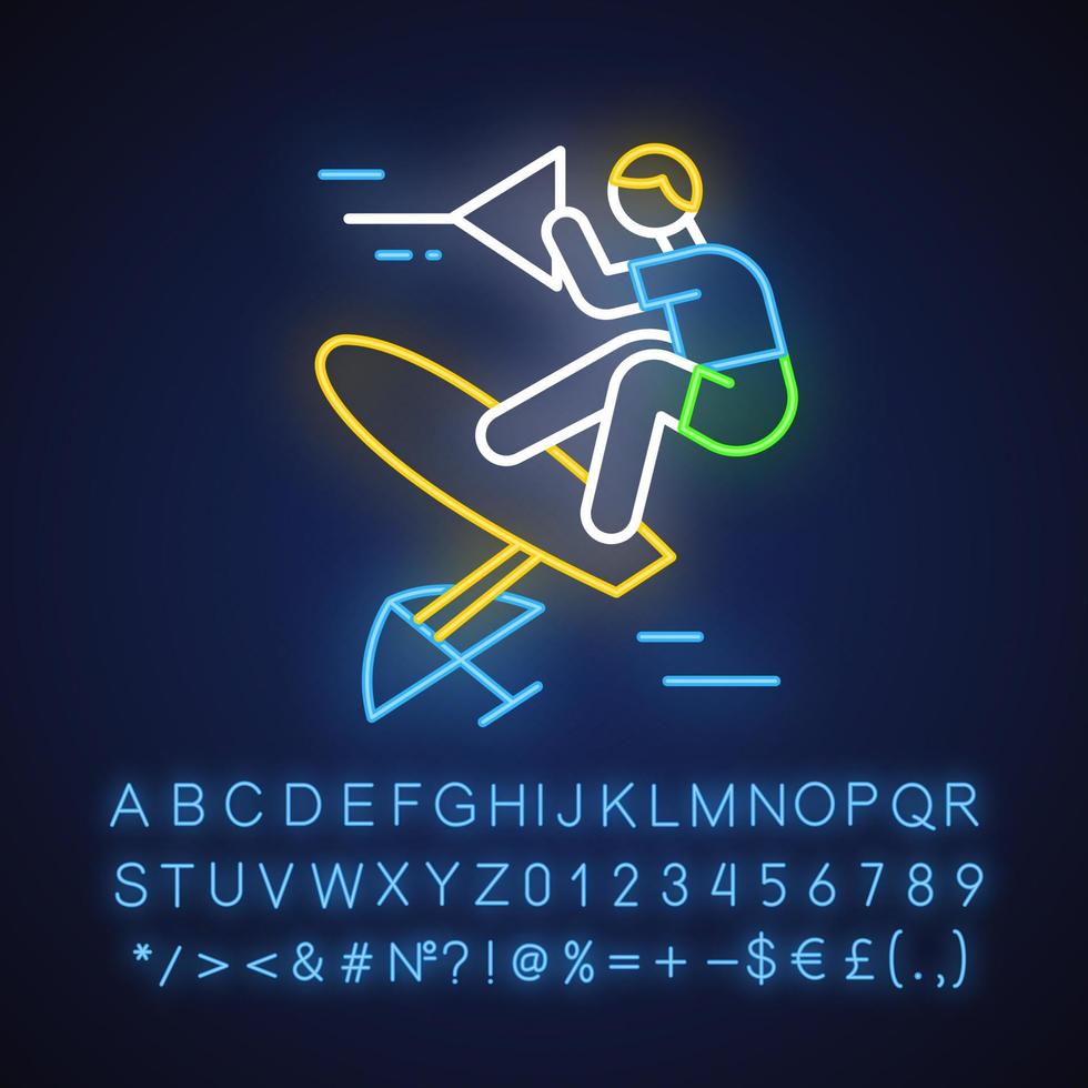 Wakeboarding neon light icon. Sling shot. Extreme water sport leisure. Rider standing on wakeboard. Adrenaline recreation. Outdoor activity. Glowing alphabet, numbers. Vector isolated illustration