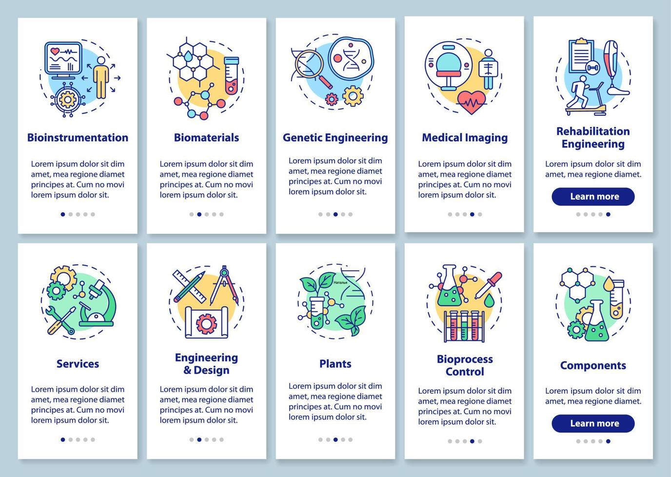 Bioengineering onboarding mobile app page screen with linear concepts. Medical imaging, services. Biomaterials. Walkthrough steps graphic instructions. UX, UI, GUI vector template, illustrations