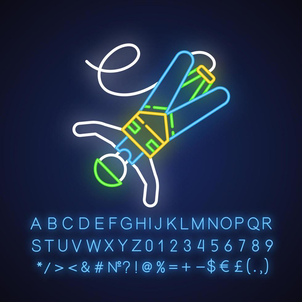 Bungee jumping neon light icon. Extreme sport. Bungy jumper falling down. Adrenaline recreation. Risky leap with rope. Glowing sign with alphabet, numbers and symbols. Vector isolated illustration