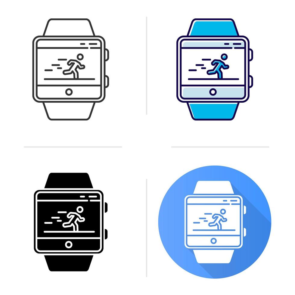 Fitness tracker running application icon. Flat design, linear and color styles. Smartwatch function, wellness service. Healthcare, sport app. Speedometer, steps tracking. Isolated vector illustrations