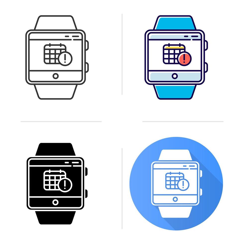 Scheduling events smartwatch function icon. Fitness wristband capability. Calendar and timetable. Planning and time management. Flat design, linear and color styles. Isolated vector illustrations