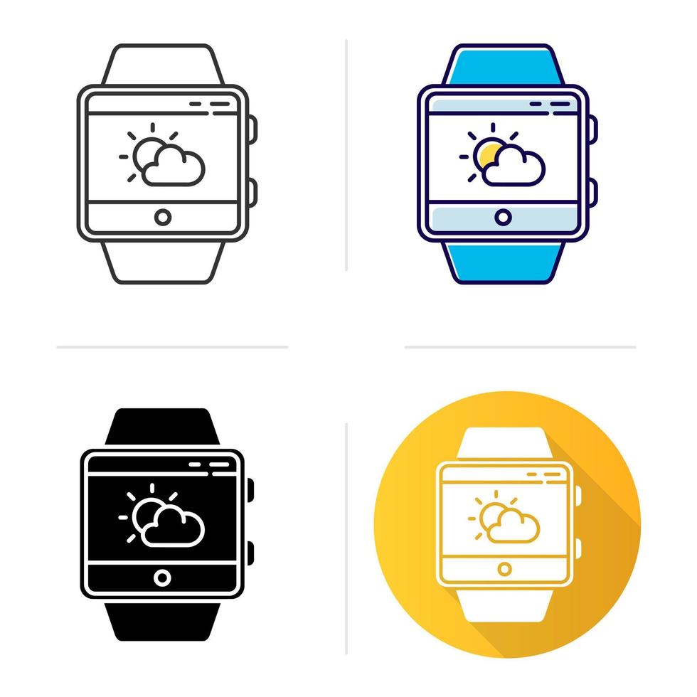 Weather forecast smartwatch function icon. Flat design, linear and color styles.Fitness wristband capability. Current state of atmosphere. Temperature, humidity and wind. Isolated vector illustrations