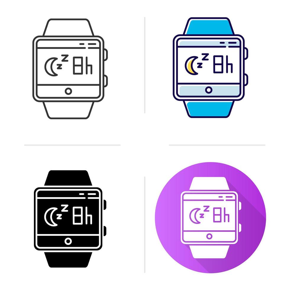 Sleep monitoring smartwatch function icon. Movement during sleep tracking, analyzing slumber habits. Flat design, linear and color styles. Fitness wristband capability. Isolated vector illustrations